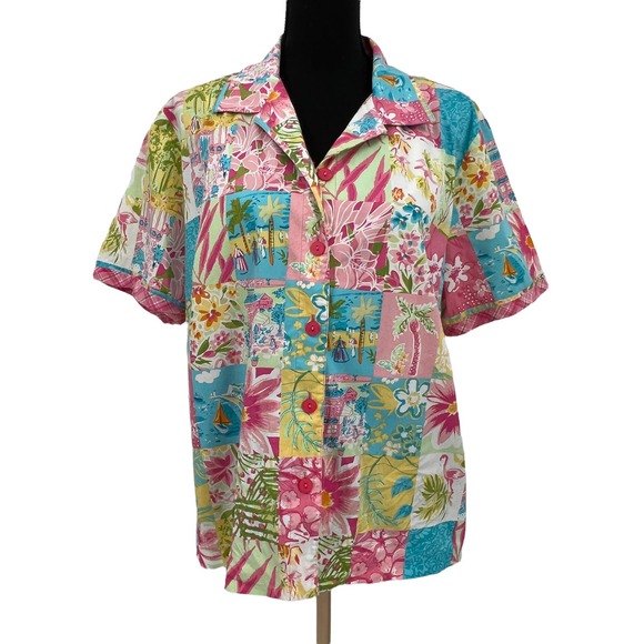 Vintage Erin London Bright Floral Hawaiian Button Down Beach Blouse Large - Picture 6 of 7